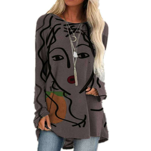 Blusa Holgada de Cuello Redondo con Estampado Digital y Mangas Largas