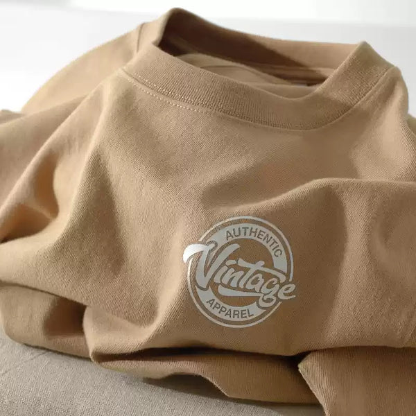 Camiseta Suelta de Algodón Peinado Manga Corta con Estampa de Letras - Beige - Image 5