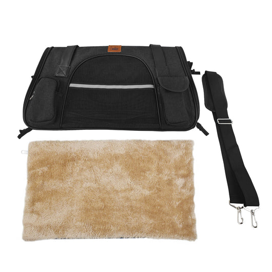 Light grey pet carrier with brown faux leather trim, mesh windows, top handles, and an adjustable shoulder strap. - Image 14