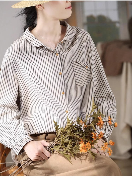 Blusa Retro de Lino y Algodón a Rayas con Diseño Artístico - Image 16