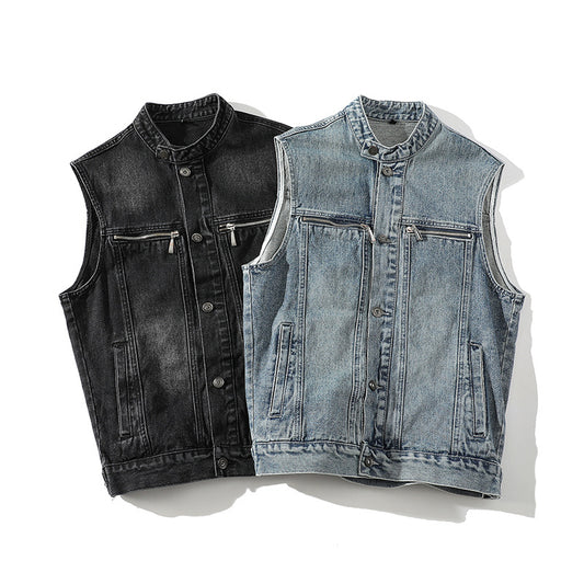 Chaleco Denim Lavado para Hombre con Cuello de Pie