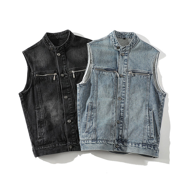Chaleco Denim Lavado para Hombre con Cuello de Pie
