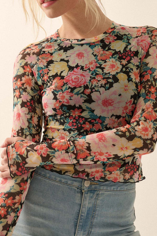 Blusa Elegante de Malla Floral Cuello Redondo Manga Larga Ajustada - Image 14