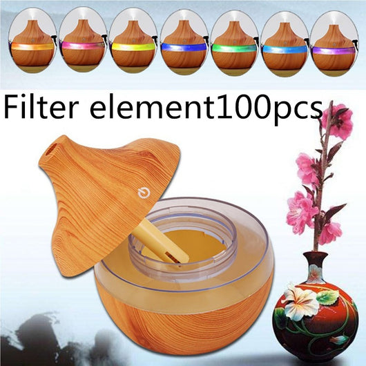 Wood grain aromatherapy USB humidifier with water drop shape, lid open, showing internal components and LED light options. - Image 8