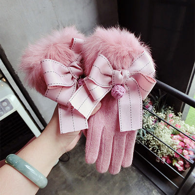 Guantes Cálidos con Moño y Pompón de Pelaje - Image 3