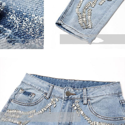 Jeans Sueltos de Cintura Alta con Diamantes Simples para Mujer - Image 3