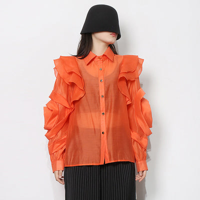 Blusa Organza Color Sólido con Cuello Solapa y Volantes - Image 6