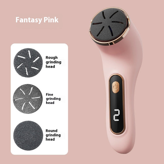 Ivory white electric foot grinder with digital display, power button, and three interchangeable grinding heads. - Image 6