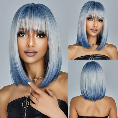 Peluca Corta Gradiente Azul con Flequillo Cabello Liso Natural - Image 6
