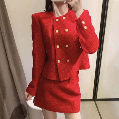 Blazer Corto de Lana Texturizada Doble Botonadura con Falda Plisada - Image 2