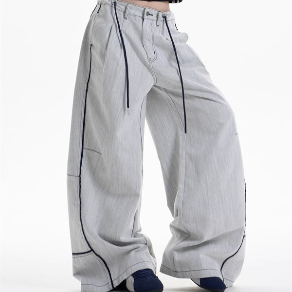 Pantalones Anchos Casuales con Costuras en Contraste