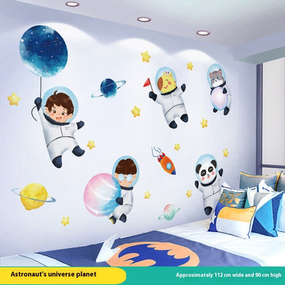 Cartoon astronaut and space station wall stickers with planets, stars, moon, and telescope on a white wall. - Image 8