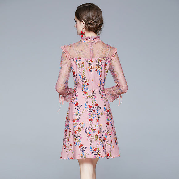 Vestido Otoñal de Encaje con Estampado y Manga Larga