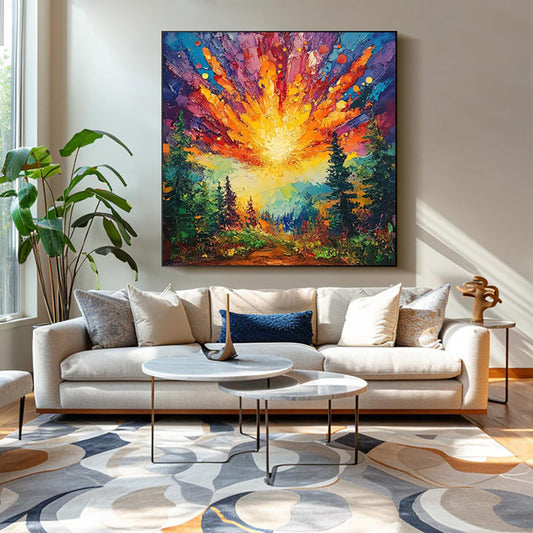 Cuadro Óleo Pintado a Mano - Amanecer en el Bosque con Luz Brillante | Arte Moderno 3D para Hogar