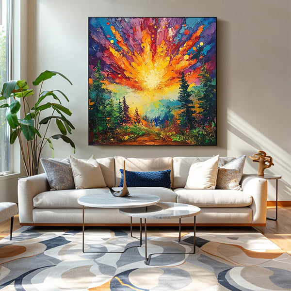 Cuadro Óleo Pintado a Mano - Amanecer en el Bosque con Luz Brillante | Arte Moderno 3D para Hogar