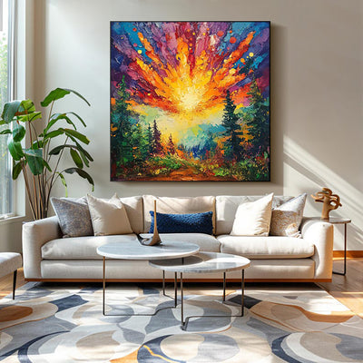 Cuadro Óleo Pintado a Mano - Amanecer en el Bosque con Luz Brillante | Arte Moderno 3D para Hogar
