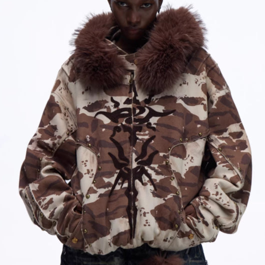 Sudadera Camo con Estampado de Vida Silvestre y Capucha Forrada en Pelaje - Image 7