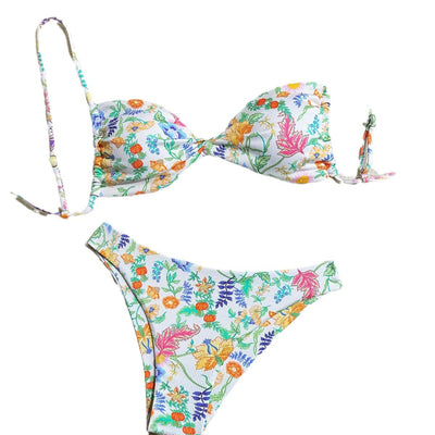 White ribbed two-piece bikini with colorful floral print, featuring a bandeau top and high-cut bottom. - Image 5