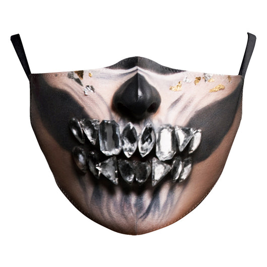 Digital printing dust mask with a funny ghost face and clown design, featuring a sugar skull pattern in red, yellow, and brown. - Image 7