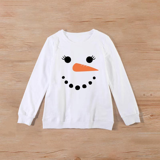 Family matching white long-sleeve crew neck tops with a cute snowman face print, featuring black eyes, an orange carrot nose, and a dotted smile. One adult top - Image 12