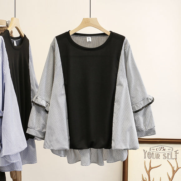Blusa Holgada Coreana de Tres Cuartos con Doble Capa