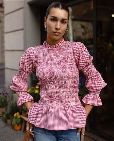 Blusa Ajustada con Pliegues y Estampado Cuadros para Mujer - Image 10