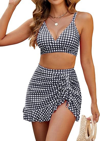 Black and white gingham two-piece swimsuit with a V-neck bikini top and a high-waisted ruched swim skirt. - Image 6