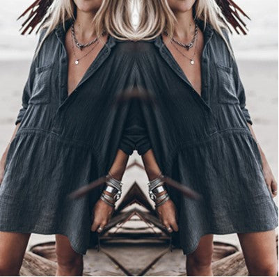 Vestido Suelto de Algodón y Lino con Escote en V y Bolsillos