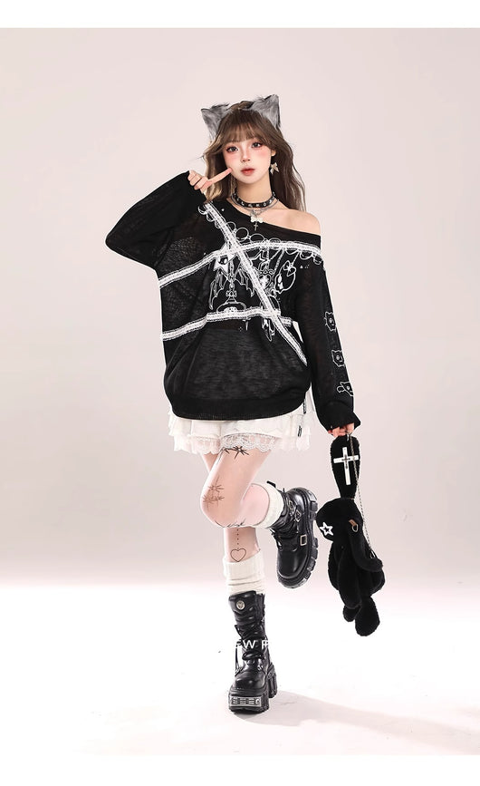 Sudadera Tejida con Encaje en Hombros y Diseño Graffiti Retro para Mujer - Image 13