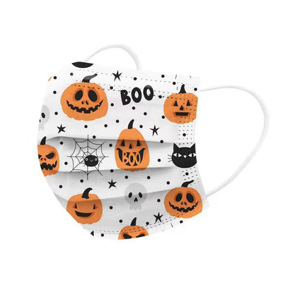 White disposable face mask with a Halloween print featuring orange jack-o'-lanterns, black cats, spiders, and "BOO". - Image 9
