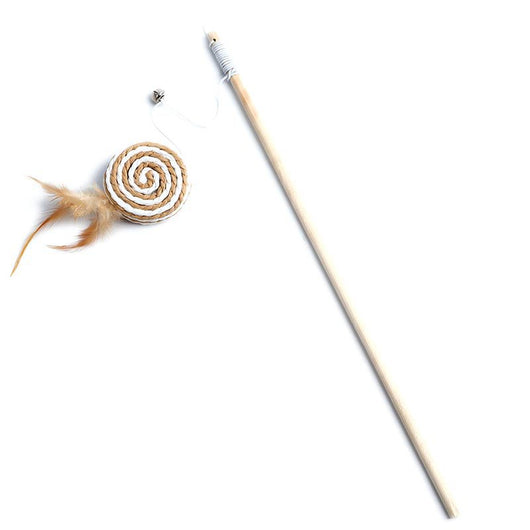 Cat teaser toy with a long wooden pole, a striped ball, brown feathers, and a small bell. - Image 13