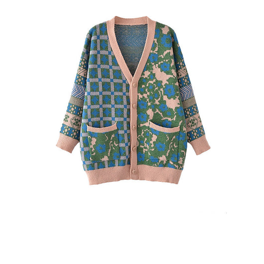 Suéter de Lana Tejido Jacquard Suelto para Mujer con Botón Simple - Image 2