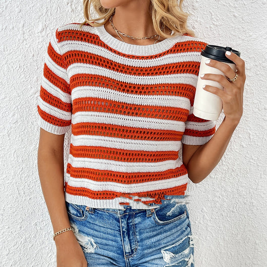 Suéter Tejido para Mujer con Capucha y Rayas, Manga Corta y Diseño Patchwork - Image 5