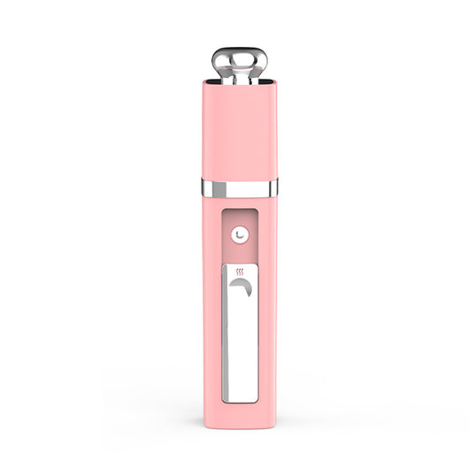Pink USB Power Bank Nano Spray Moisturizer with silver accents, featuring a power button and sleek design. - Image 3