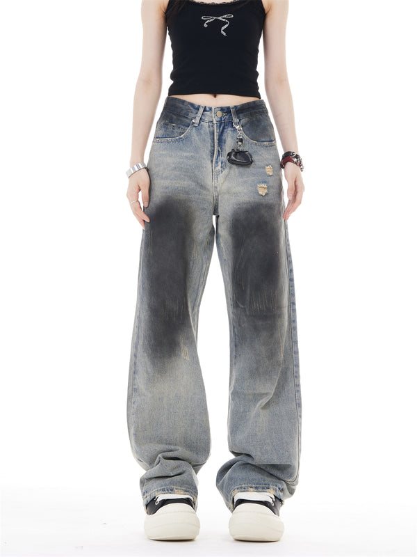 Jeans Retro de Cintura Alta y Pierna Ancha con Rotos
