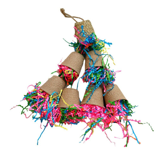 Parrot gnawing toy with brown paper cups, a woven palm top, and colorful shredded paper hanging in a bird cage. - Image 5