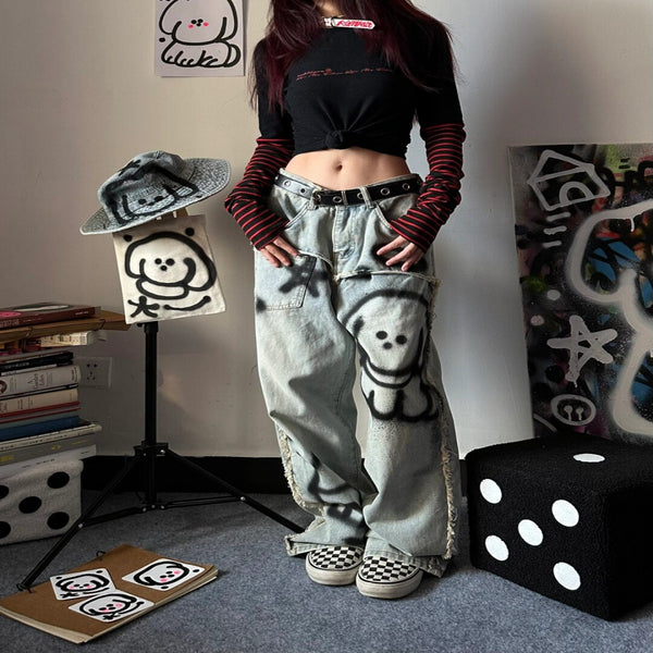 Jeans Sueltos Y2K Graffiti Retro para Mujer