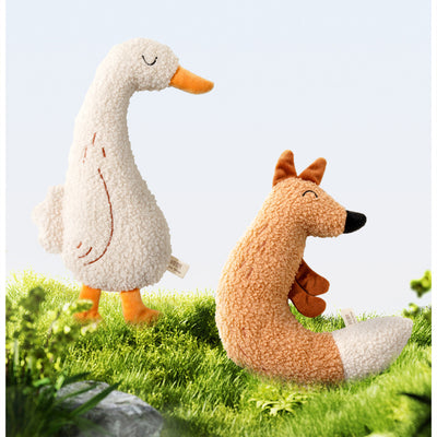 C-shaped plush fox pet toy with textured brown body, white tail tip, and embroidered face, measuring 23.5cm tall. - Image 12