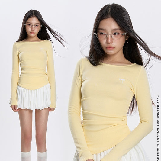 Blusa Plisada Cuello Redondo Manga Larga Versátil para Primavera