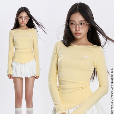Blusa Plisada Cuello Redondo Manga Larga Versátil para Primavera