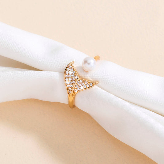 Anillo de Cola de Sirena con Perla y Circonita - Diseño Abierto Ajustable