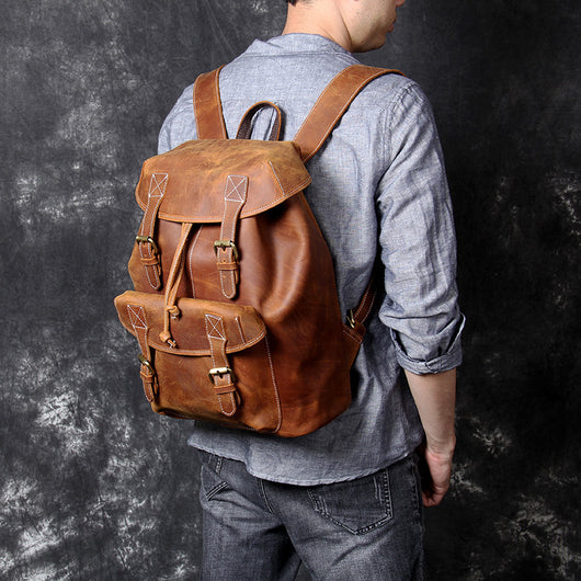 Mochila de Cuero Genuino Retro con Gran Capacidad