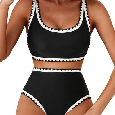 Green and white floral paisley high-waisted bikini swimsuit with scalloped edges on a model. - Image 4