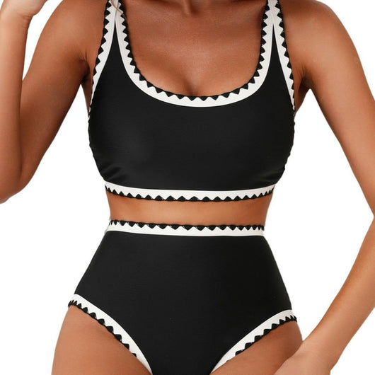 Green and white floral paisley high-waisted bikini swimsuit with scalloped edges on a model. - Image 4