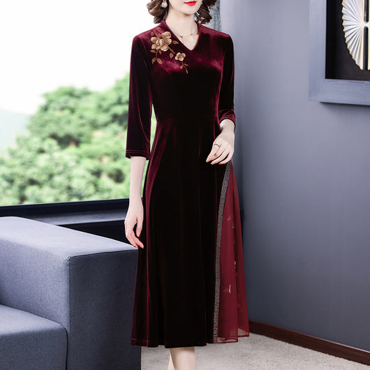 Vestido Largo de Terciopelo Dorado Estilo Occidental Premium
