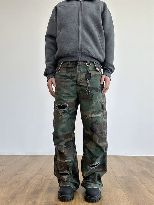 Pantalones Cargo Militares Desgastados con Bordados y Corte Recto Holgado - Image 13