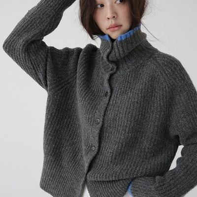 Cardigan de Lana Tejida con Cuello Bicolor - Abrigo de Botón Simple