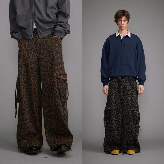 Pantalones Vintage Estampado Leopardo Cintura Alta con Bolsillos Grandes