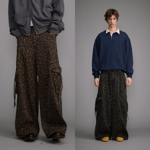 Pantalones Vintage Estampado Leopardo Cintura Alta con Bolsillos Grandes