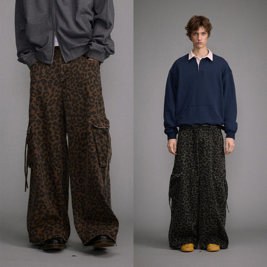 Pantalones Vintage Estampado Leopardo Cintura Alta con Bolsillos Grandes